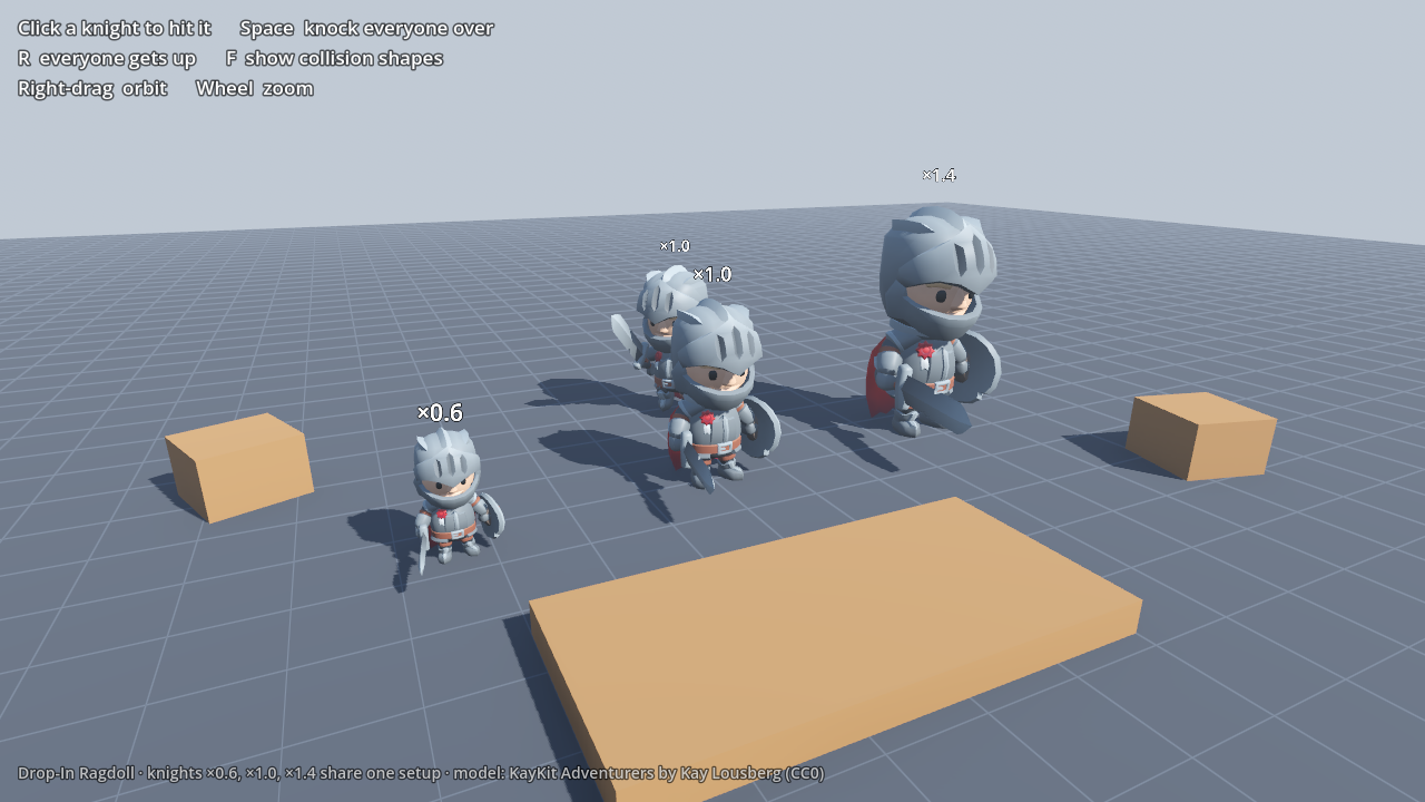 Four knights at ×0.6, ×1.0 and ×1.4 sharing one ragdoll setup