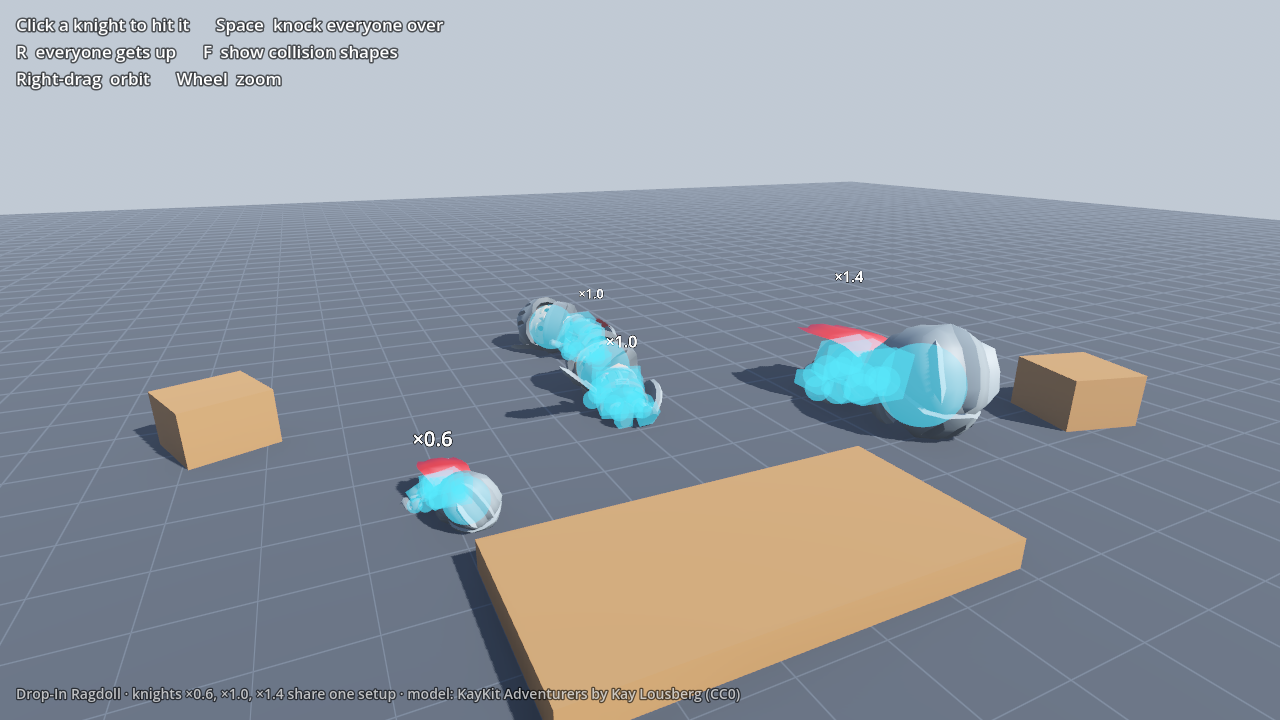 The ragdoll's collision shapes, fitted to each knight's mesh