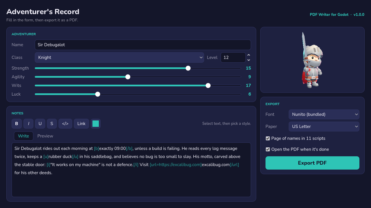 The demo: an adventurer's record with a form, BBCode notes and one-click export